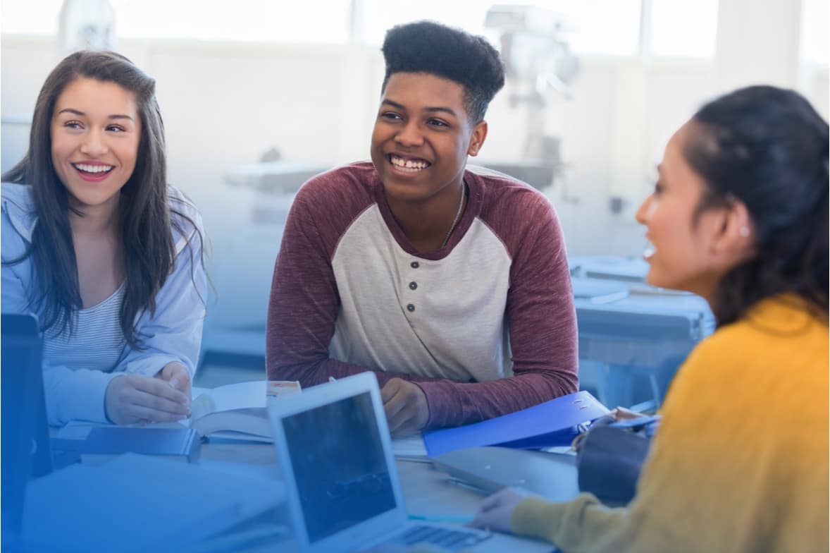 cyber saturday student event annual ncf education program middle grade three smiling students seated in meeting with laptop computer