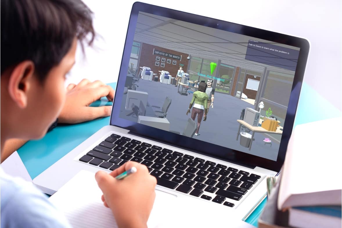 immersive story driven educational cyber security free digital computer game student playing educational computer game on laptop