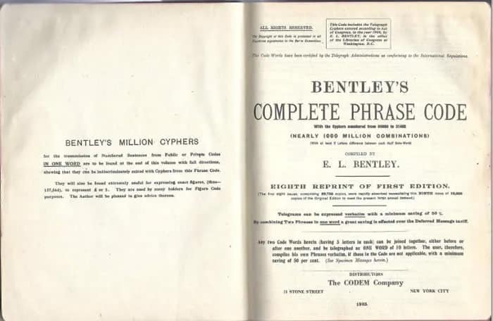 Bentley’s Complete Phrase Code Book from 1923