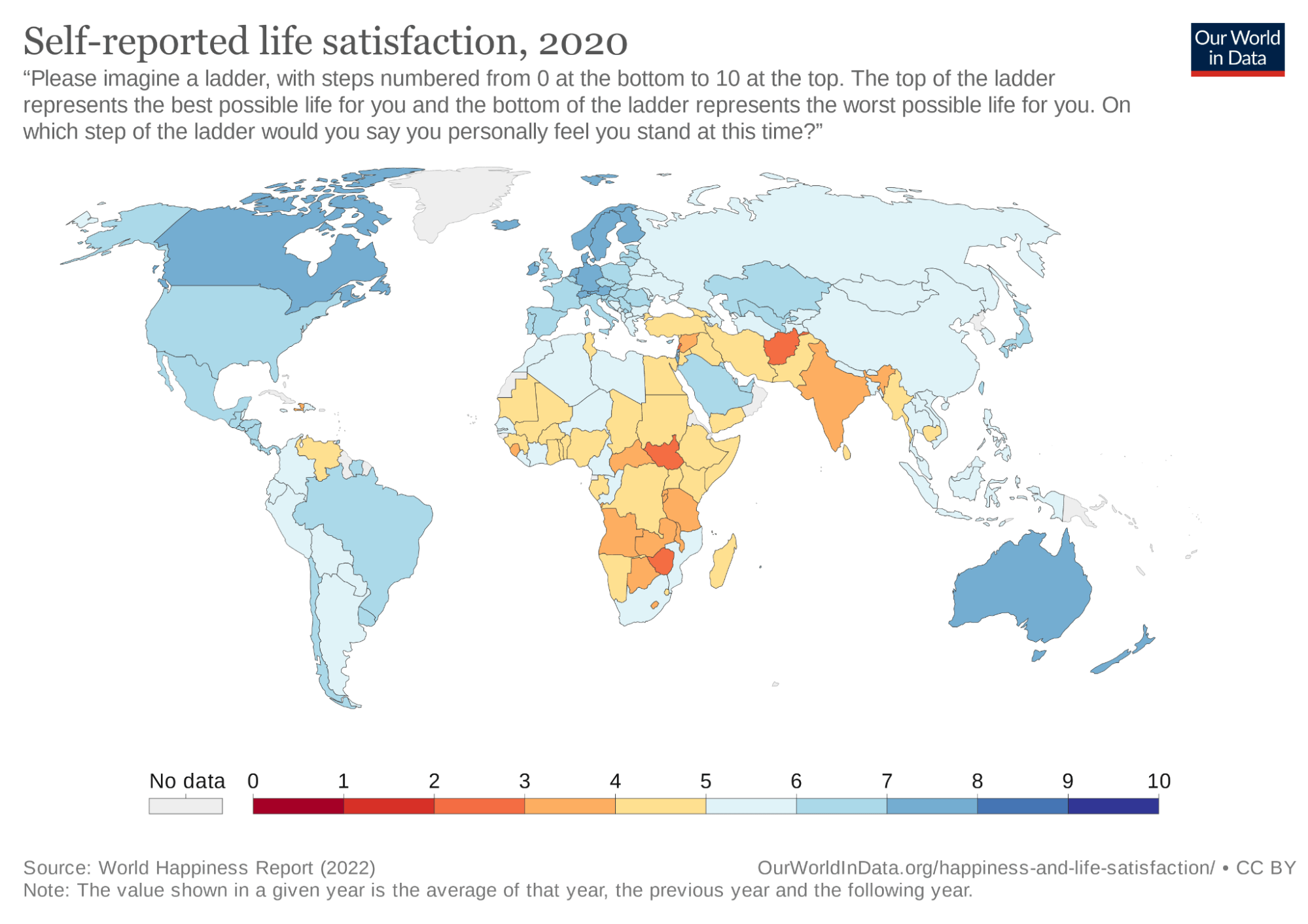 Self-reported life satisfaction, 2020 (Our World in Data)
